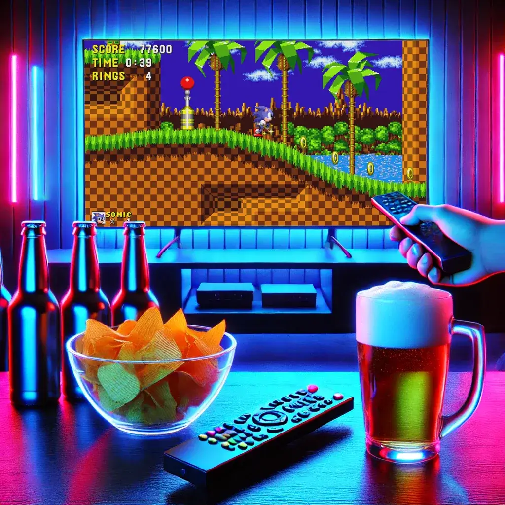 RetroPlay játékkonzol – Sonic játék fut a TV-n, chips és sör az asztalon